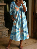 Women's Flower Print Casual Loose-fit Cotton-linen Dress With Lace Trim And Paneling