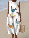 Women's Funny Vintage Chicken Art Print Sleeveless Cotton Pocket Wrap Dress