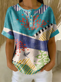 Retro Color-block Patchwork Print Loose-fit Cotton-linen Short-sleeve Shirt