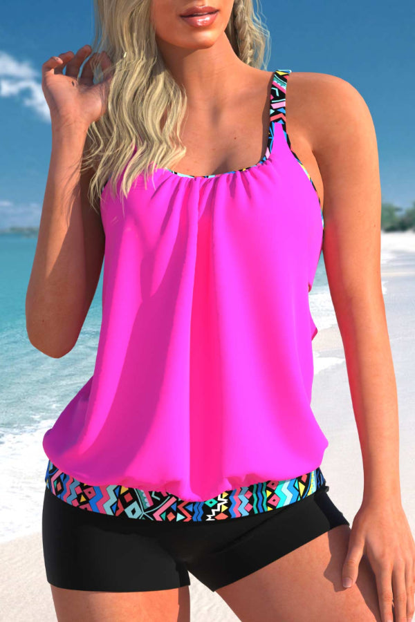 Geometric Print Rose Pink Wide Strap Tankini Set