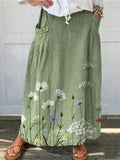 Women's Retro Floral Art Casual Linen Pocket Skirt