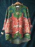 Women's Vintage Lovely Floral Art Print Casual Cotton And Linen Ruffle Shirt