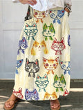 Women's Cute Cat Art Print Linen Pocket Skirt