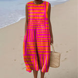 Women's Color Block Line Art Print Sleeveless Cotton Pocket Wrap Dress