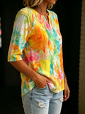 Artistic Watercolor Palette Print Elbow-length Sleeves Cotton T-shirt