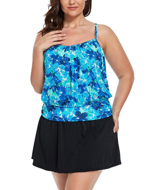 Water Orchid Lightweight Blouson Tankini With Side Slit Swim Skirt