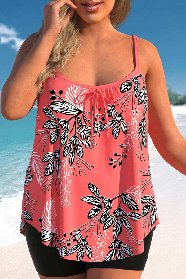 Coral Red Plus Size Leaf Print Tankini Set