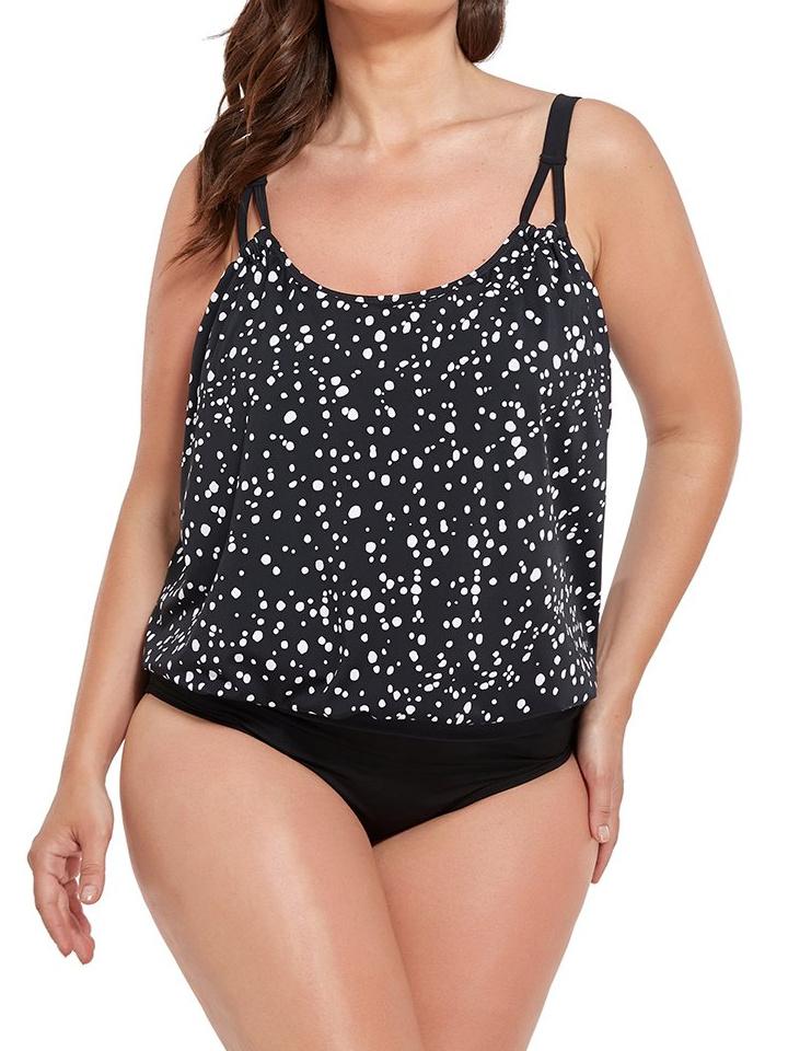Black White Dot Loop Strap Blouson Tankini Set