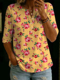Women's Vintage-style Loose-fit Cotton-linen Shirt — Yellow Base With Rose Floral Print, Henley Collar, And Mid-length Sleeves