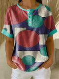 Retro Color-block Geometric Patchwork Print Loose-fit Cotton-linen Short-sleeve Shirt