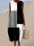 Women's Abstract Geometric Pattern Art Print Sleeveless Cotton Pocket Wrap Dress