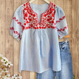 Boho Striped Blue/Khaki Blouse with Delicate Red Floral Embroidery, Puff Sleeves & Chic V - Neck, Feminine Cute Blouse Women's Top Shirts