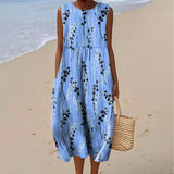 Women's Vintage Flower Art Print Sleeveless Cotton Pocket Wrap Dress