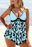 Light Blue Floral Print Lace Up Swimdress and Panty