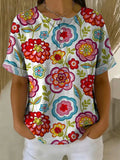 Women's Vintage Flower Pattern Printed Cotton Linen Top