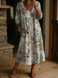 Women's Retro Flower Pattern Print Cotton-linen Dress