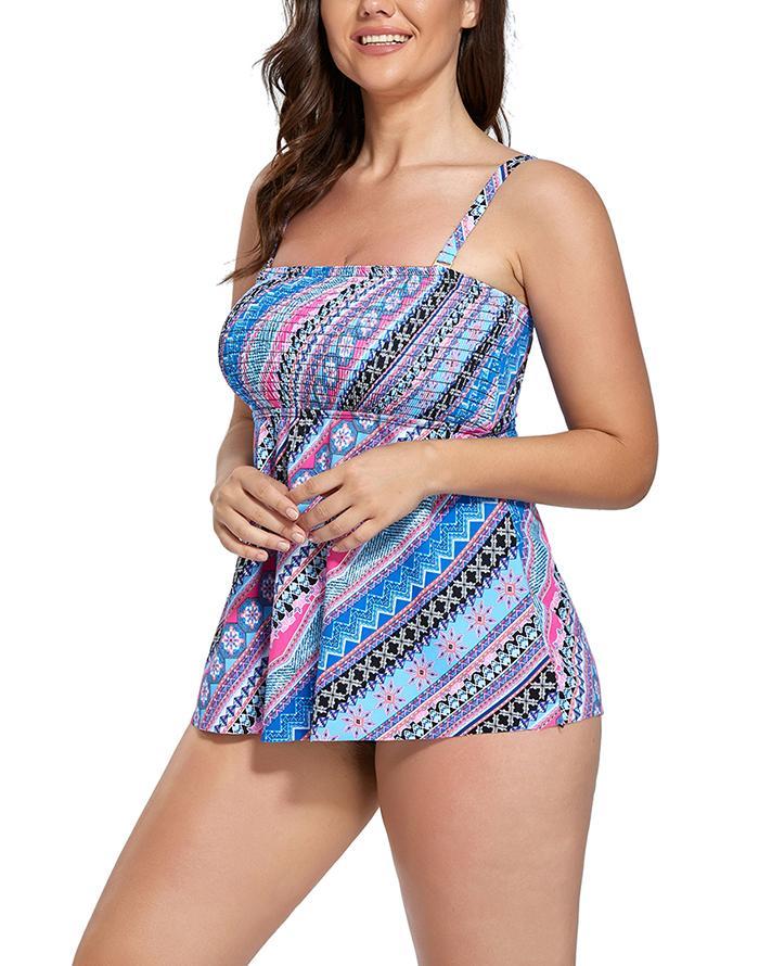 Neon Tropical Print Handkerchief Halter Tankini Set