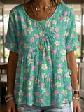 Retro Strawberry Decorative Pattern Women's Short Sleeve Round Collar Cotton Shirt