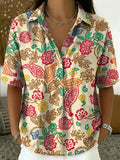 Women's Vintage Botanical Floral Casual Polo Collar Short-sleeved Linen And Cotton Shirt