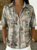 Retro Botanical Print Cotton-linen Short-sleeve Shirt