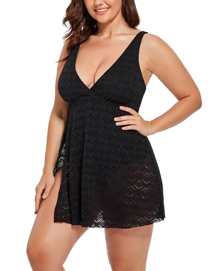 Black Crochet Side Slit V-Neck Swimdress