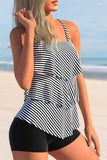 Striped Layered Hem Black Tankini Set
