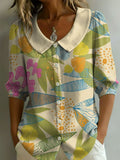 Women's Floral Art Print Casual Stylish Cotton Linen Shirt