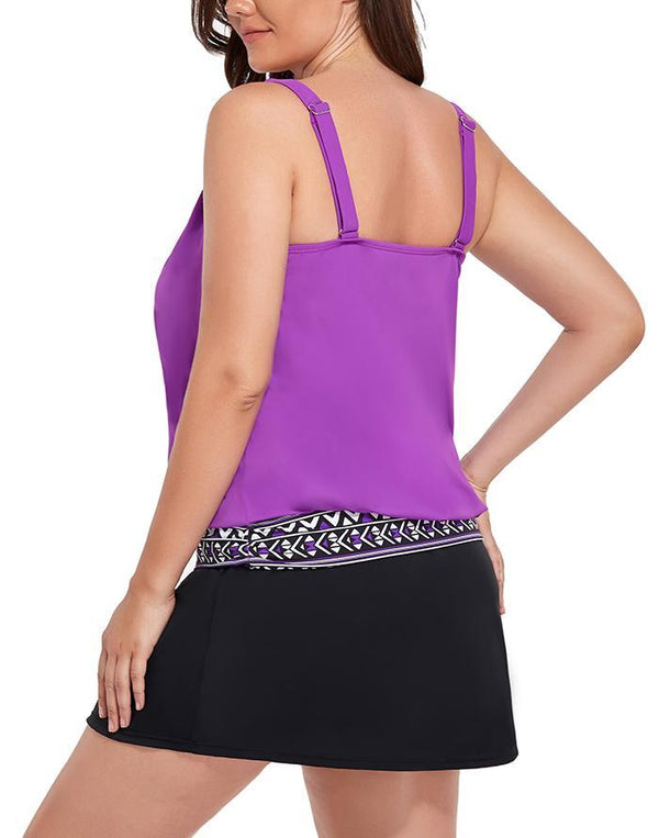 Purple Loop Strap Blouson Tankini With A-Line Swim Skirt