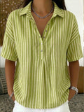 Casual Stripe Polo Collar Short-sleeved Linen And Cotton Shirt