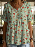 Vintage-style Daisy And Strawberry Decorative Patterns Women's Short Sleeve Round Collar Cotton Shirt