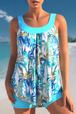 Tropical Print Cyan Wide Strap Tankini Set