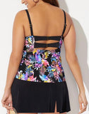 Multi Leaves Faux Flyaway Underwire Tankini With Side Slit Swim Skirt