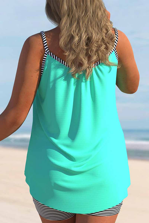 Striped Bowknot Cyan Spaghetti Strap Tankini Set