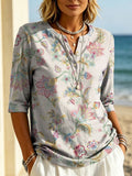 Women's Floral Pattern Art Print Casual Classic Henley Collar 100% Cotton T-shirt