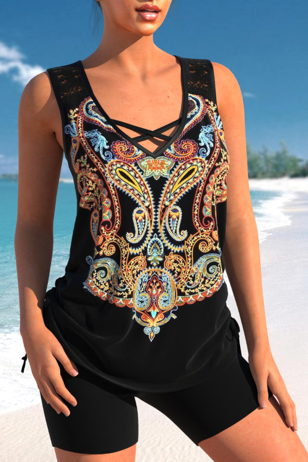 Black Paisley Print Lace Stitching Tankini Set