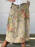 Women's Retro Floral Watercolor Art Linen Pocket Skirt