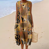 Women's Vintage Abstract Geometry Art Print Sleeveless Cotton Pocket Wrap Dress