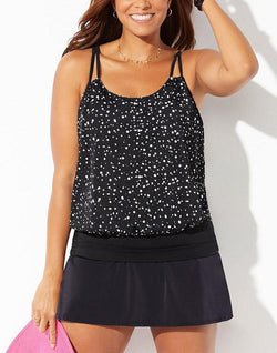 Black White Dot Loop Strap Blouson Tankini With A-Line Swim Skirt