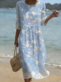 Women's Casual Solid Color Round Neck Mid-Sleeve Floral Print Cotton Linen Dress