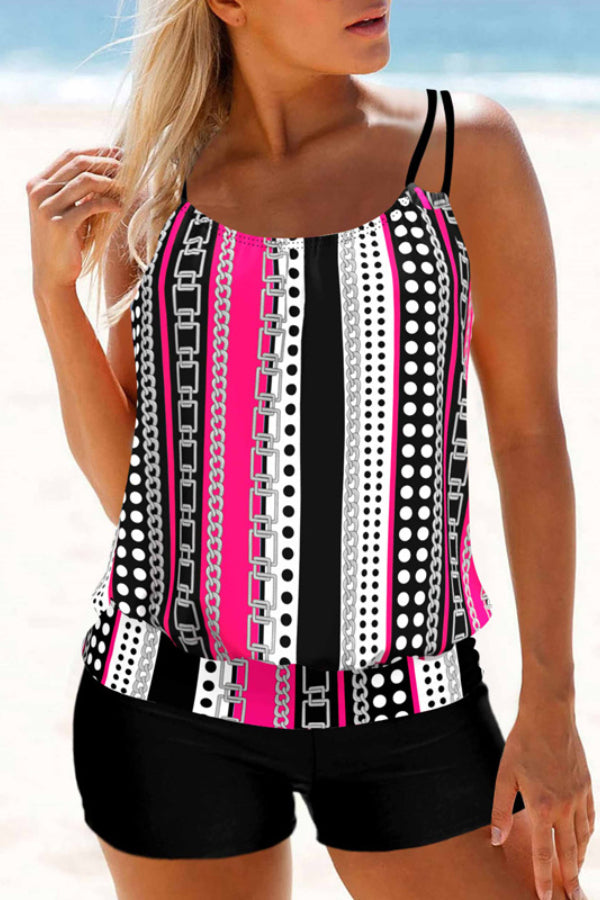 Plus Size Geometric Print Pink Tankini Set