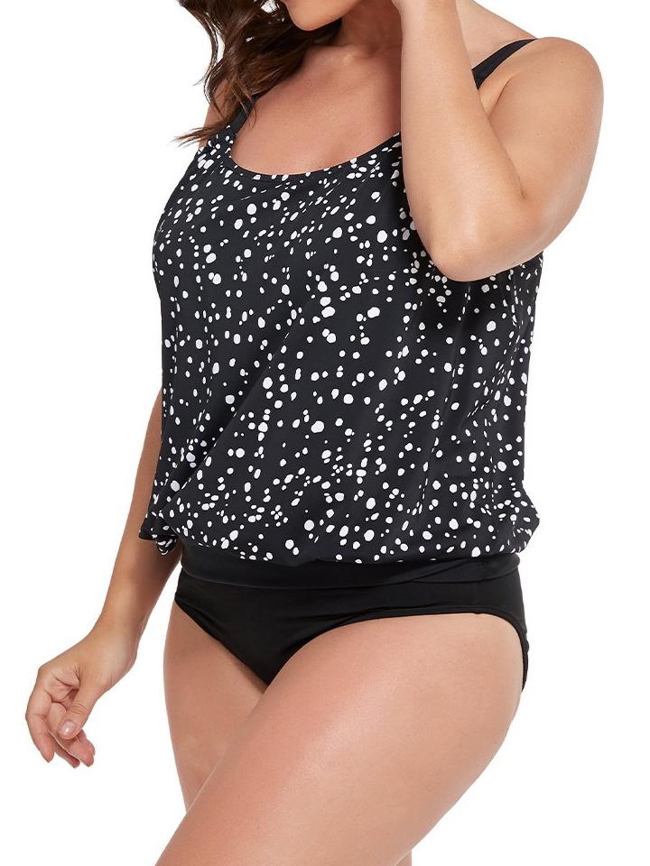 Black White Dot Loop Strap Blouson Tankini Set