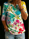 Women's Floral Pattern Art Print Casual Classic Henley Collar 100% Cotton T-shirt