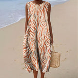 Women's Retro Colorful Texture Art Print Sleeveless Cotton Pocket Wrap Dress