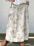 Elegant Vintage Rose Print Women's Linen Pocket Skirt