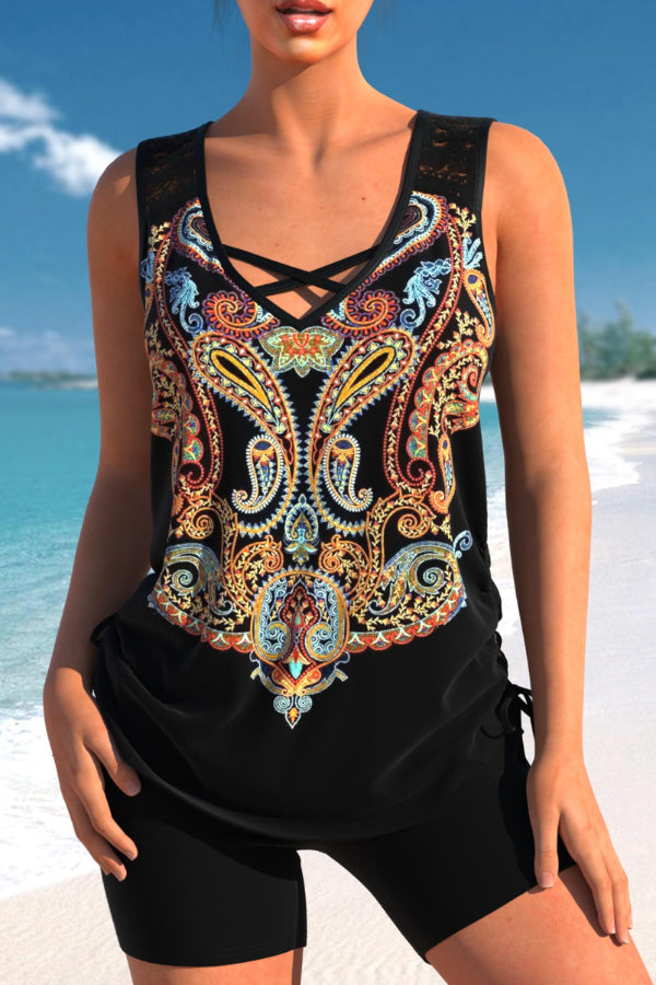 Black Paisley Print Lace Stitching Tankini Set