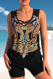 Black Paisley Print Lace Stitching Tankini Set