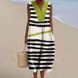 Women's Vintage Colorblock Striped Art Print Sleeveless Cotton Pocket Wrap V Neck Dress