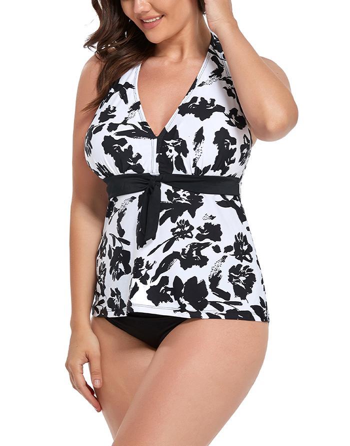 Black White Floral Halter Tankini Set