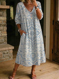 Women's Vintage Print Casual Loose-fit Cotton-linen Dress With Lace Trim And Paneling
