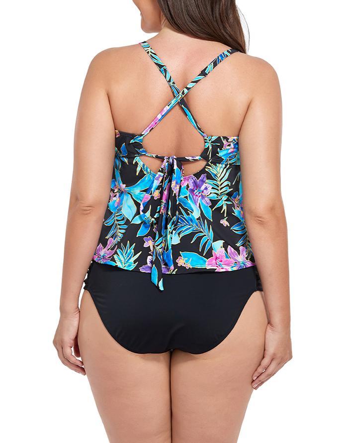 Neon Tropical Scarf X-Back Tankini Set